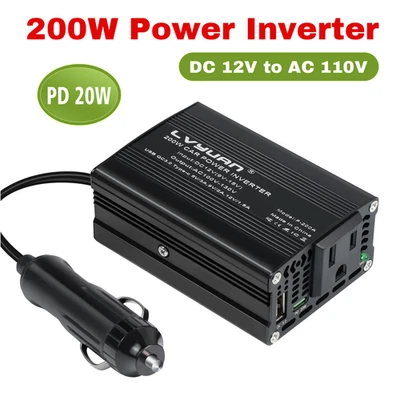 LVYUAN 200W Power Inverter DC 12V to AC 110V Car Converter With USB Type C Fast Charger