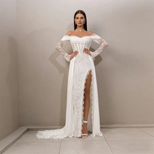 New Off Shoulder Neckline Long Sleeves Trumpet Lace Wedding Dress Zipper Back
