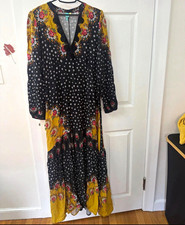 FARM Rio Women's M Black/Yellow Floral V-Neck Maxi Dress Crochet Trim