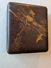 VINTAGE JAPANESE BROWN LACQUERED HAND PAINTED TRINKET JEWELLERY BOX 7.5x19x17cm