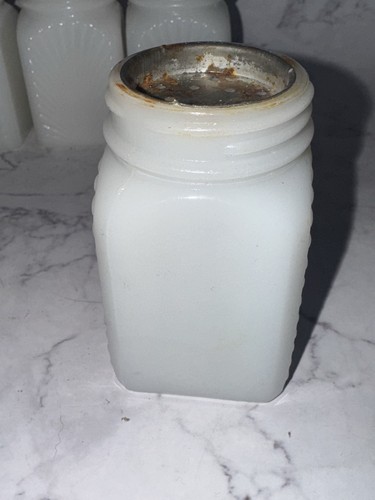 8 Vintage McKee Milk Glass Sunburst Pattern Spice Shaker Set with Blue Rack - Picture 11 of 19