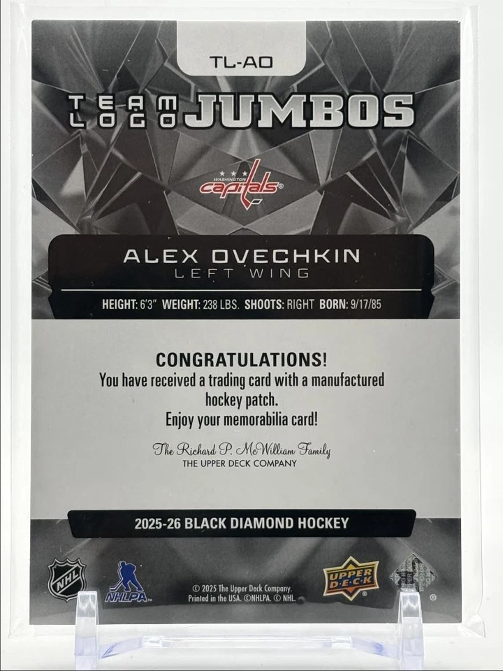2025-26 Upper Deck Black Diamond Team Logo Jumbos Alex Ovechkin Washington - Image 2 of 3