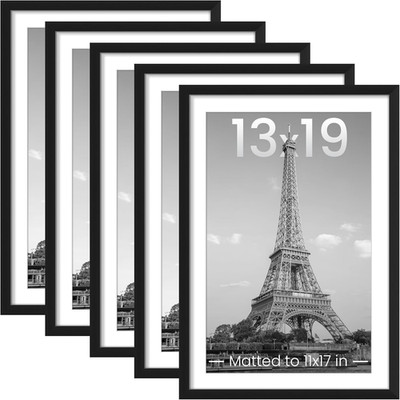13X19 Picture Frame Set of 5, Display Pictures 11X17 with Mat or 13 X 19 Without