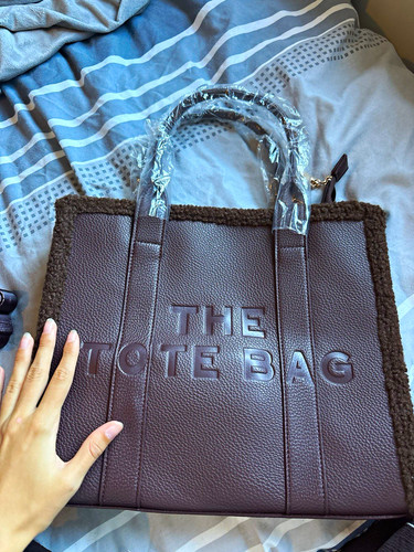 Tote Bag Brown Pebbled Leather Medium Tote Detachable Strap Teddy Trim