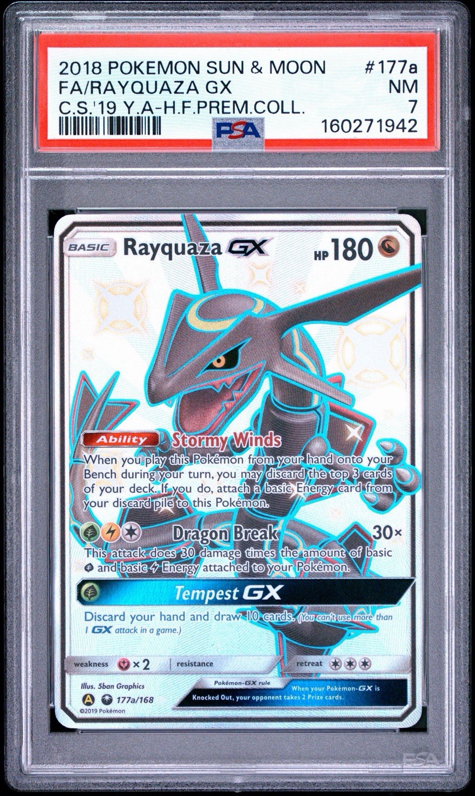 2018 POKEMON SUN & MOON CELESTIAL STORM #177A FULL ART/RAYQUAZA GX PSA 17