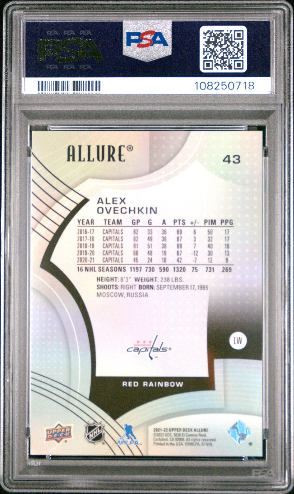 Alex Ovechkin 2021 Allure Red Rainbow #43 PSA 10 view 2