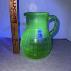 VTG  Anchor Hocking Green Uranium Glass Block Optic Pitcher 8" Tall - Glows