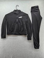 PUMA Sweatsuit Set Womens Small Black 1/4 Zip Fleece Sweatshirt Track Pants