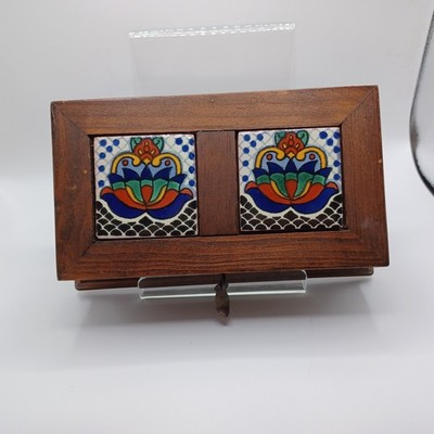 Mini Chest Wood w/  Ceramic Tile Top Jewelry  Trinket Box Italy Italian