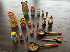 Vintage USSR Wooden Nesting Dolls Matryoshka Doll Lacquer Spoons Mixed Lot