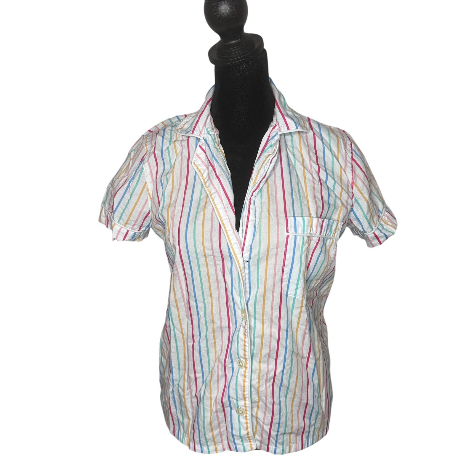 J.Crew Rainbow Striped Pajama Shirt Colorful Short Sleeve Cotton Size XS Button