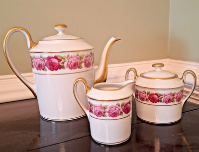 Royal Limoges ''Rose De Paris'' coffee/tea pot cream and sugar set, EUC