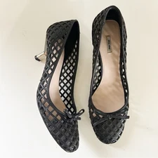 Miu Miu Black Laser Cutout Woven Leather Kitten Heels Bow Detail Size EU 38