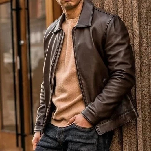 Men's Genuine Lambskin Leather Jacket Shirt Collar Vintage Retro Biker Style