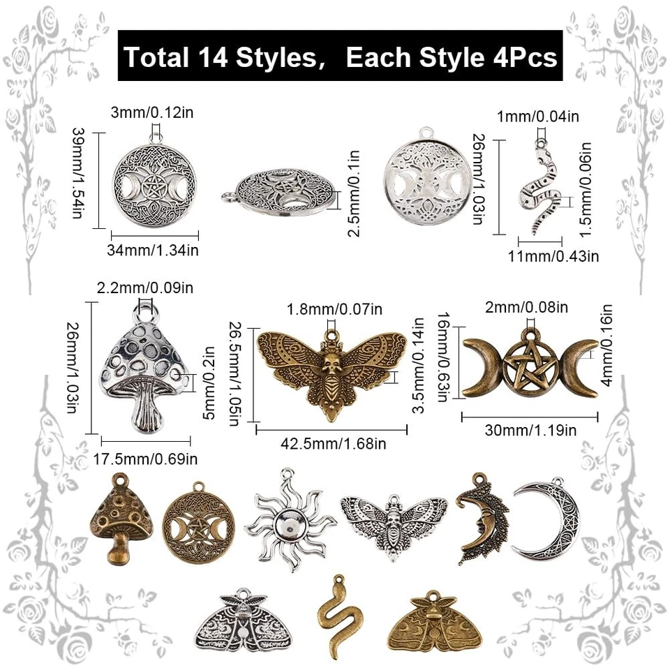 56 ciondoli in lega, stile gotico e tibetano, argento antico, bronzo, divinaz... - Immagine 2 di 4