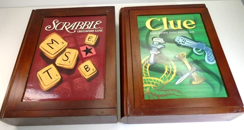 Vtg Parker Brothers Wood Book Box SCRABBLE & CLUE Board Game Lot Family Group