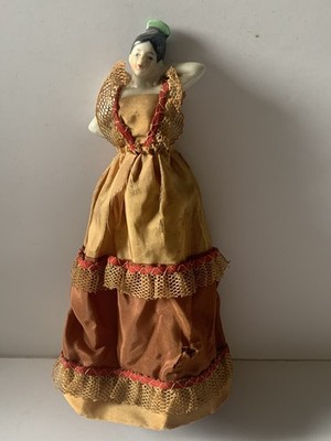 Antique German Porcelain Half Doll Lady Figurines On Wooden Spool