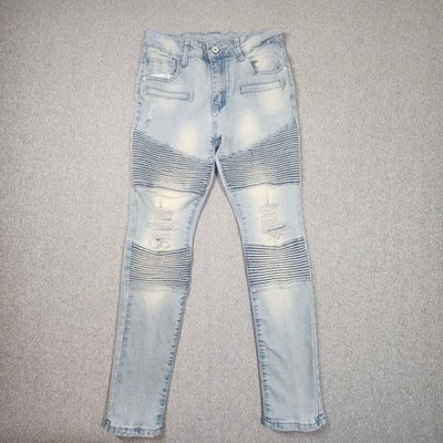 Unbranded Biker Moto Jeans Mens 28 Light Blue Good Distressed Ribbed Skinny Posh