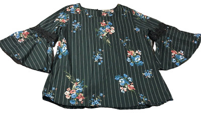 Passport Womens Blouse Size 1X Black Floral Print Scoop Neck Bell 3/4 Sleeves