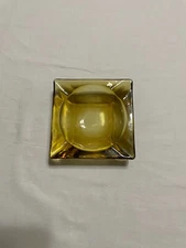 Vintage Amber Square Glass Ashtray 4.5" Mid-Century Modern Trinket Dish RARE