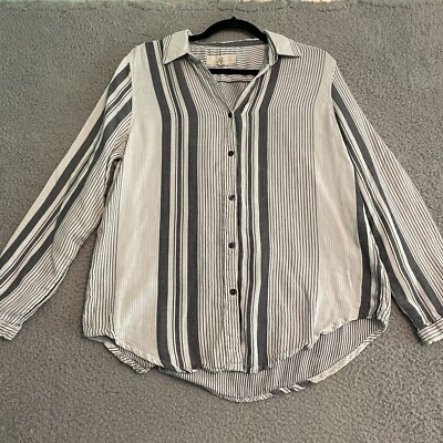 Thread + Supply Womens Medium Button Up Blouse Collared Charcoal White Stripe