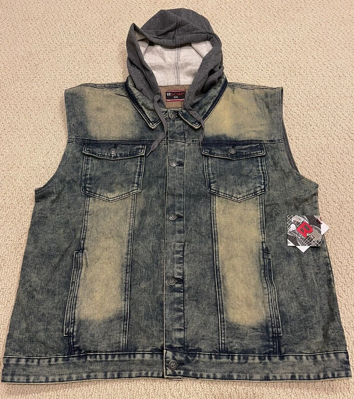 NWT Men’s LR Scoop Hooded Vintage Blue Denim Vest BIG SIZES 3X-6X