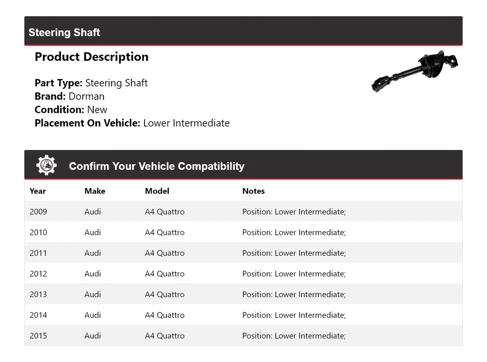 Eje de dirección intermedio inferior para Audi A4 Quattro Dorman 2009-2015 2010 2011 Foto 2 de 4