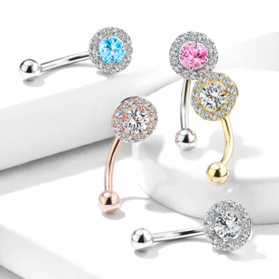 6.5 MM Prong Set Round CZ Center W/ CZ Paved Outline Eyebrow Rings Piercing
