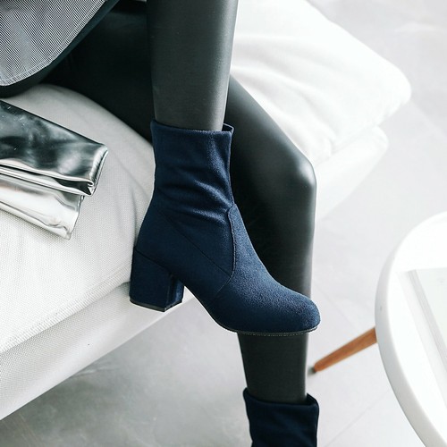 Women's Mid Block Heel Shoes Black/Blue/Brown Suede Fabric Round Toe Ankle Boots - Picture 22 of 31