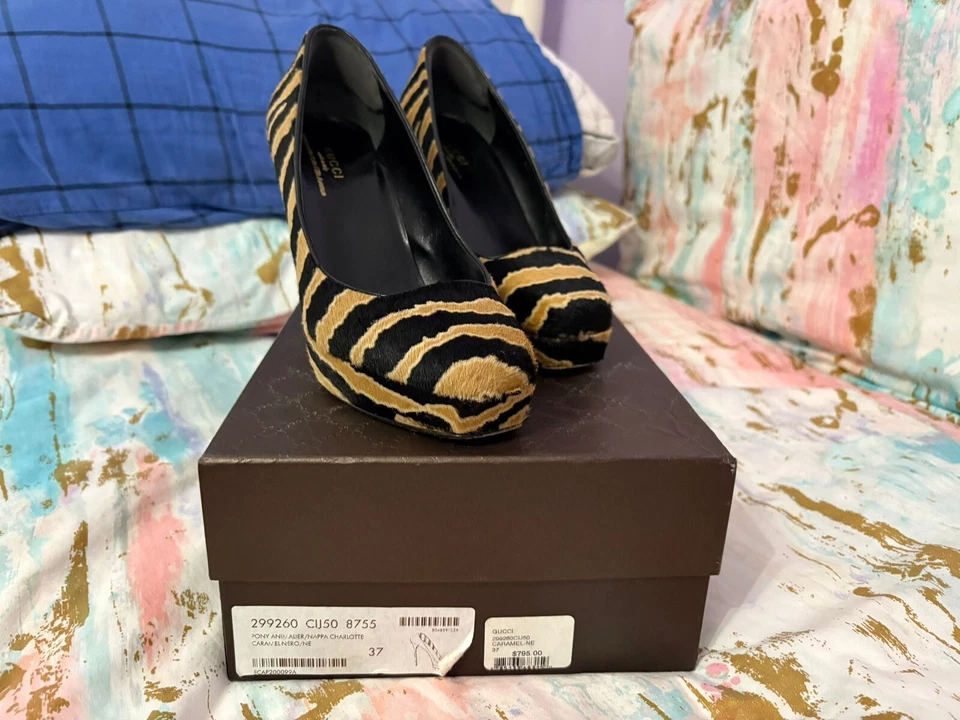 GUCCI Negro Tostado Talla 37 Pelo de Pony Tacones Zapatos Nappa SEXY CEBRA Foto 3 de 4