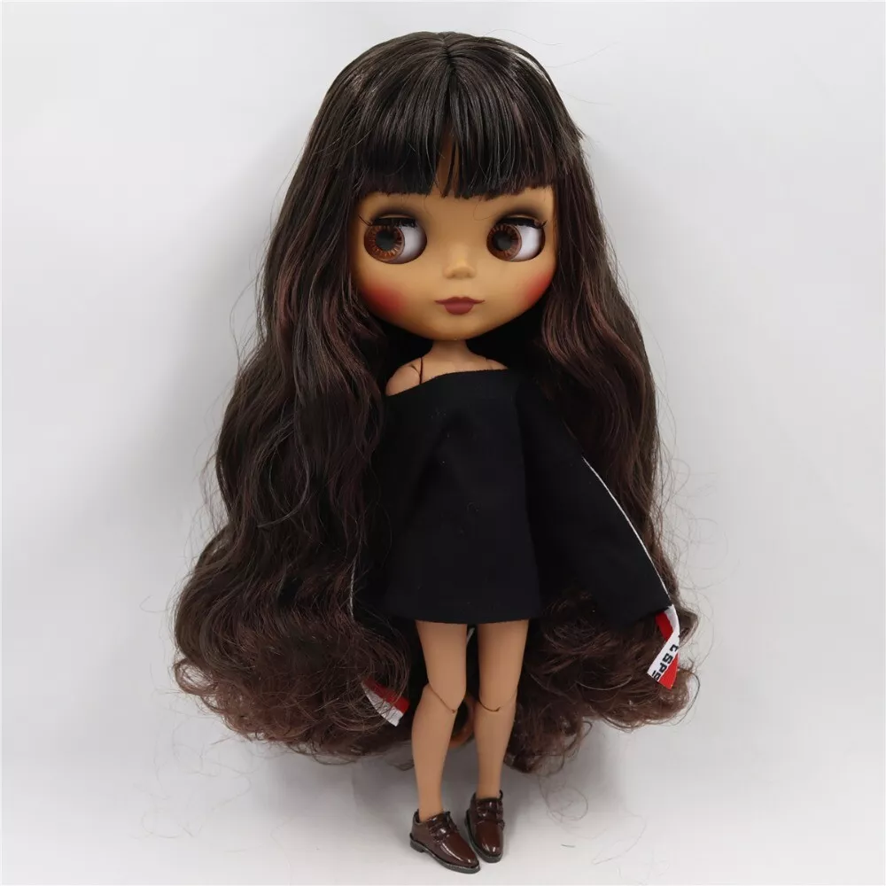 12 Factory blythe doll 1/6 bjd toy matte face Tan skin Long Dark brown mix  hair