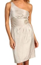 TAHARI ASL ~ Beige Taffeta Jewelled One Shoulder Sheath Party Dress 6P NEW $138