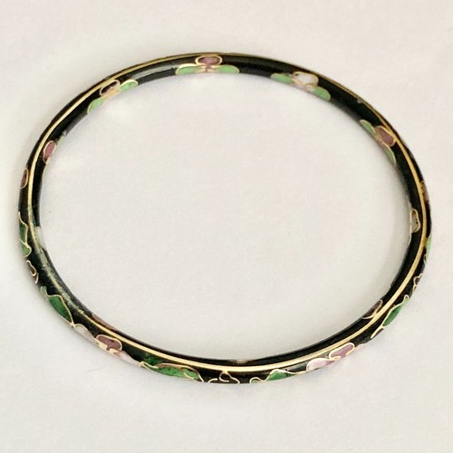 Vintage Chinese Cloisonne Bangle Bracelet Black Blue White Enamel Flowers 8.5" - 第 14/14 張圖片