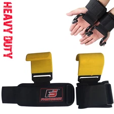Heavy Duty Weight Lifting Steel Hooks Wrist Support Straps Power Gripper Pair