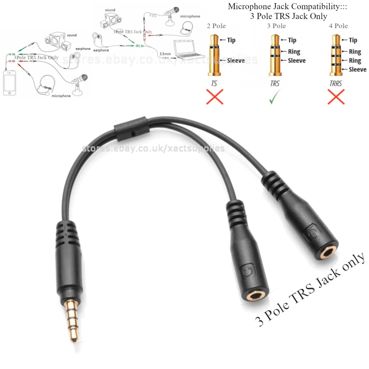 Headphone Mic Splitter, 3.5mm Headset Adapter (Microphone + Audio) 2 TRS  Female to TRRS Male CTIA Stereo Jack Y Cable Compatible for Dual-Plug  Gaming