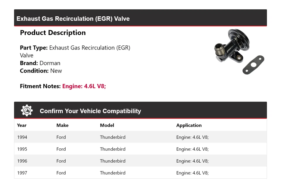 Ford Thunderbird 1994-1997 4,6 L V8 Dorman válvula EGR 1995 1996 Foto 2 de 4