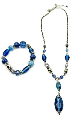 Lia Sophia  Buena Vista  Blue Glass Beads Silver Tone Necklace & Bracelet Set