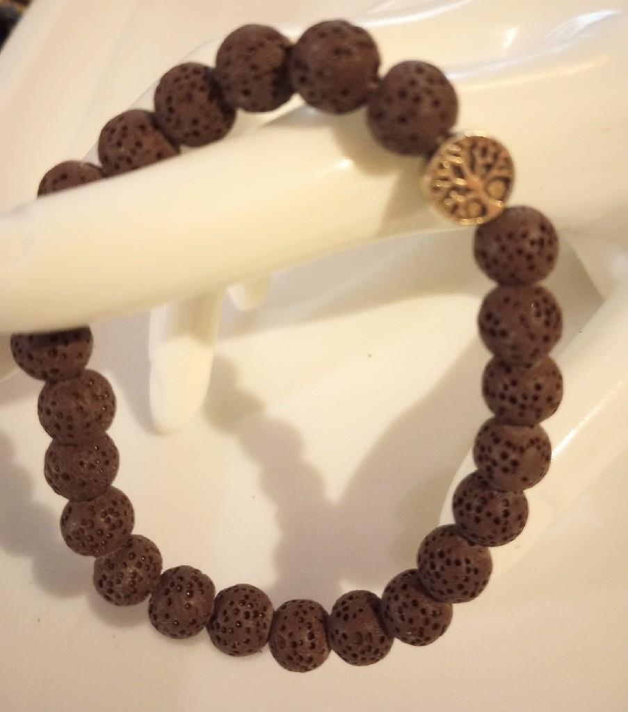 DK Chocolate Brown Lava Rock Beads Stretchy Bracelet with Silver Tree of Life Charm