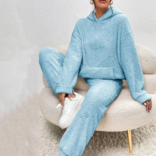 Damen Freizeit Winter Warm Kapuze Damen Pyjama Sets Fleece Flauschig Nachtwäsche - Bild 9 von 23