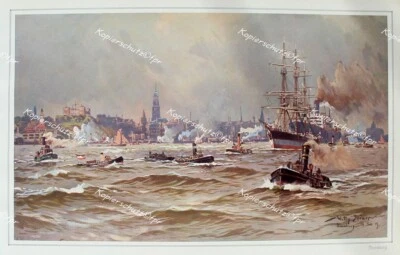 Willy Stöwer Hamburg Hafen Michel Landungsbrücken Bismarck-Denkmal Schlepper - Bild 1 von 2