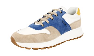 PRADA Suede PRAX Sneakers - 4E3529 - Beige White Blue - NEW -  US 11.5 EU 44,5