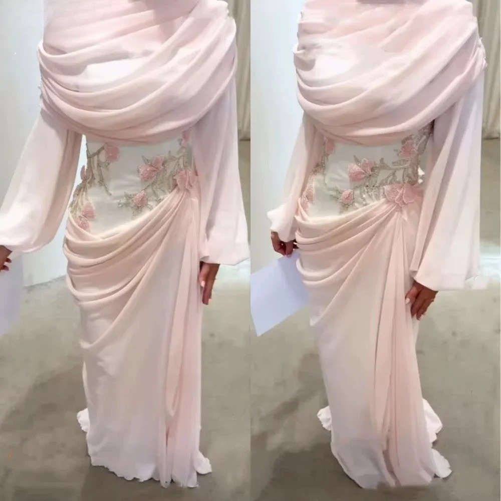 A-Line Floor-Length Dresses Evening Flowers Zipper Up Long Sleeves Wedding Party