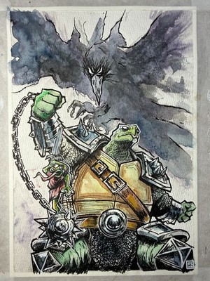 Original Turtle Knight Frog Squire Raven King Art 7x10 Watercolor Ink OOAK