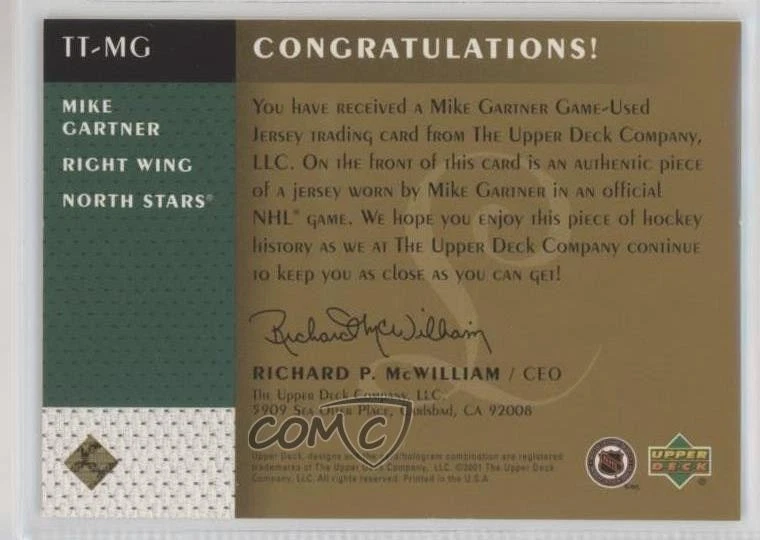 2001-02 Upper Deck Legends Timeless Tributes Jerseys Mike Gartner #TT-MG HOF - Image 2 of 2