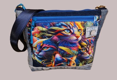 Handarbeit *Unikat* mittlere  Handtasche Patchwork Upcycling Jeanstasche Katzen