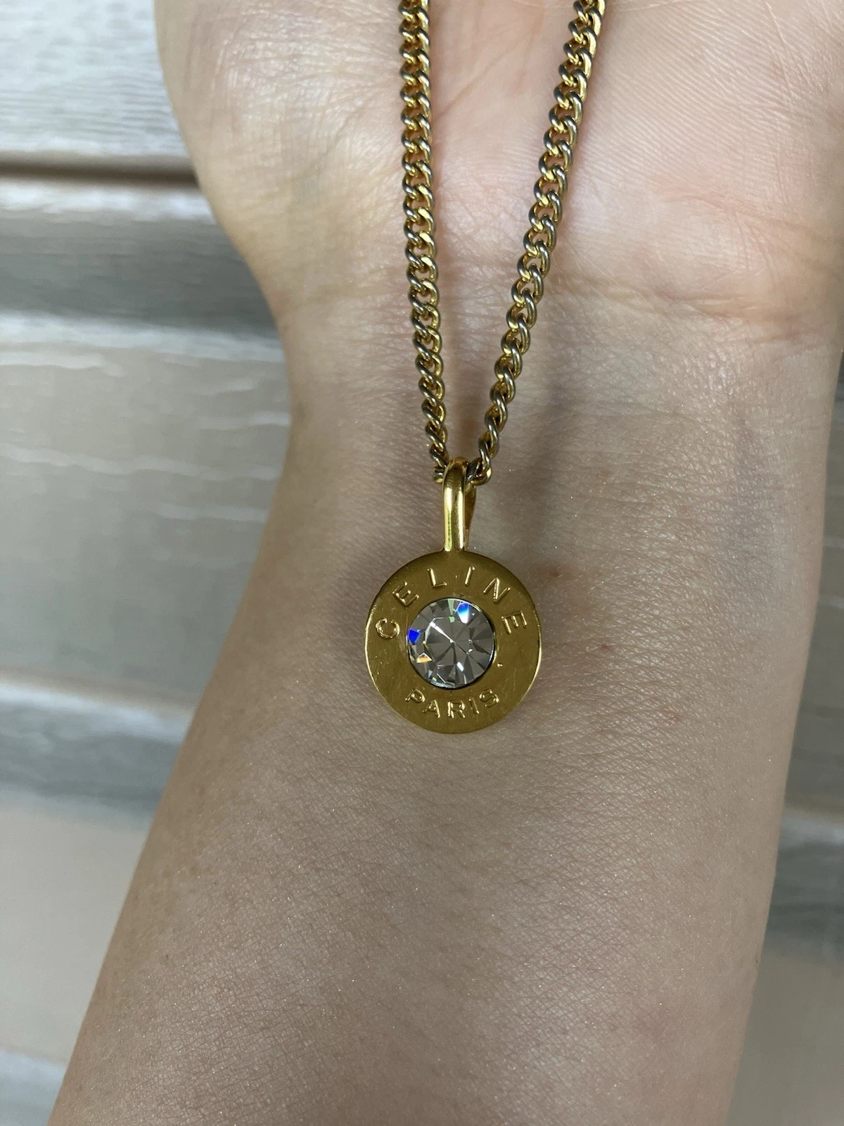 Collana con ciondolo strass placcato oro Celine 92 42 5 cm 48 cm catena appannata