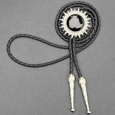 Schwarzer Onyx-Stein, Sonnenmuster, Vintage-Bolo-Krawatte Hochzeitskette PU-Seil