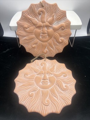 SET OF 2 Terra Cotta Sun Face 9.5''  Wall Decor  Anthopromorphic Sun Folk Art