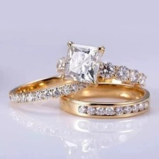 2 Ct Princess Cut Simulated Diamond 14K Yellow Gold Plated Wedding Trio Ring Set