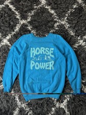 Vintage 80s Hanes Horse Power Sweatshirt Blue Raglan USA Made Medium